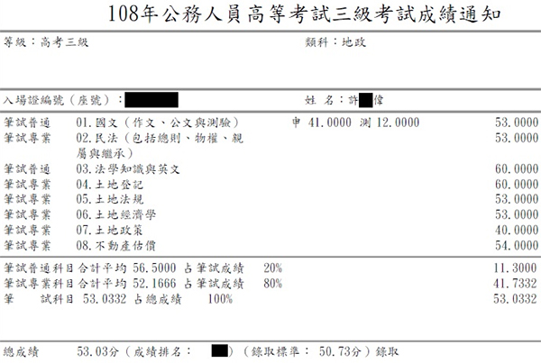 108首宇高考地政+107普考地政+106地政士上榜學員許○偉