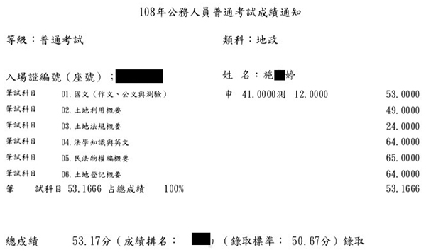 108首宇普考地政上榜學員施 婷