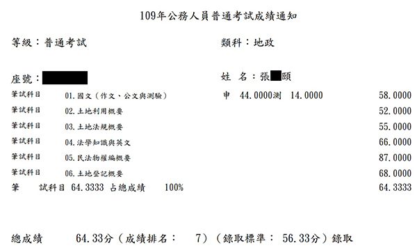 109首宇普考地政第7名+108地政士上榜學員張○頤