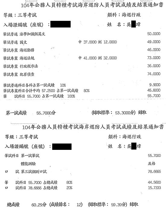 105海巡特考三等上榜學員吳○瑋